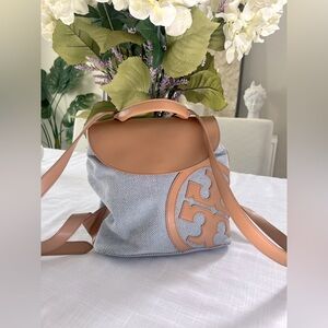 Tory Burch Tan, Blue & White Leather Backpack